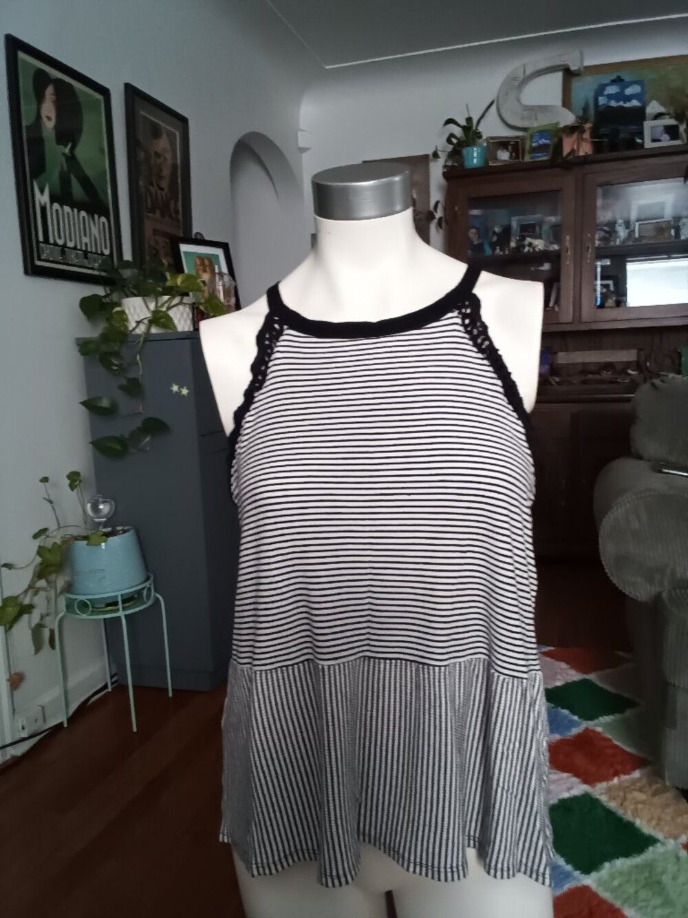 Hailey & Co. Black & white striped halter style, peplum tank top, size large.